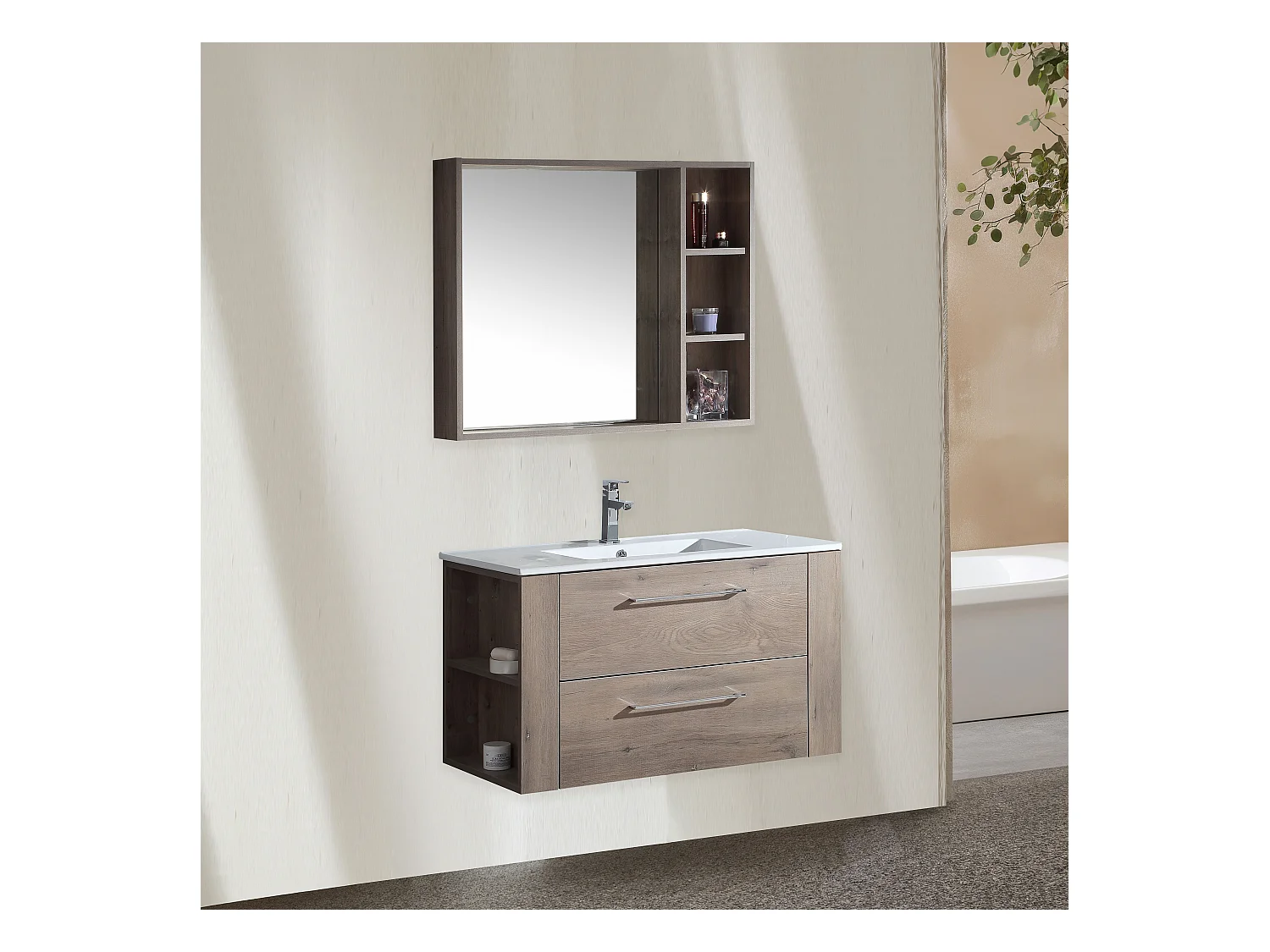 Ensemble meuble salle de bain 100 cm chêne brun Aquanoma