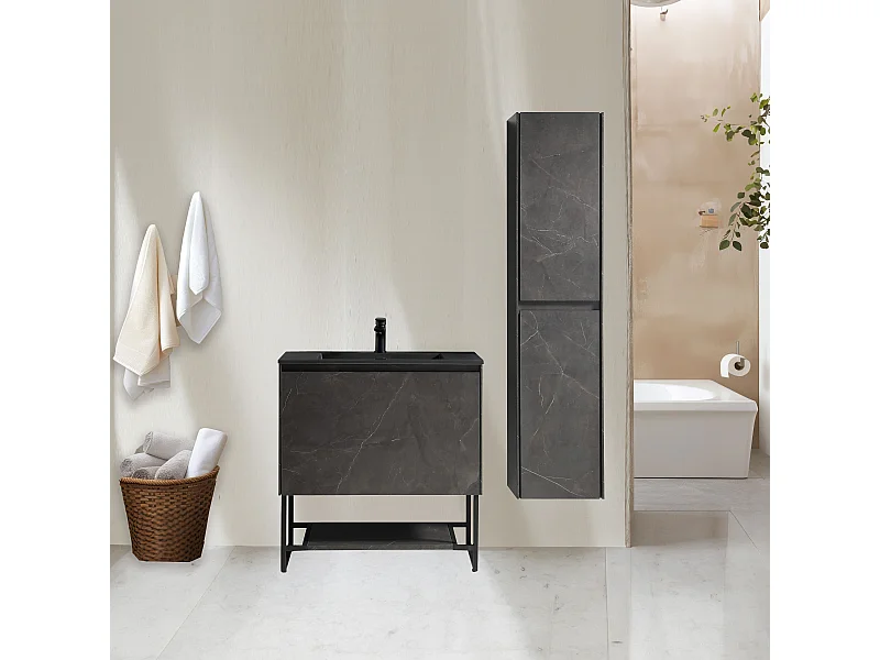 Ensemble meuble salle de bain 90 cm noir effet marbre Aquabella