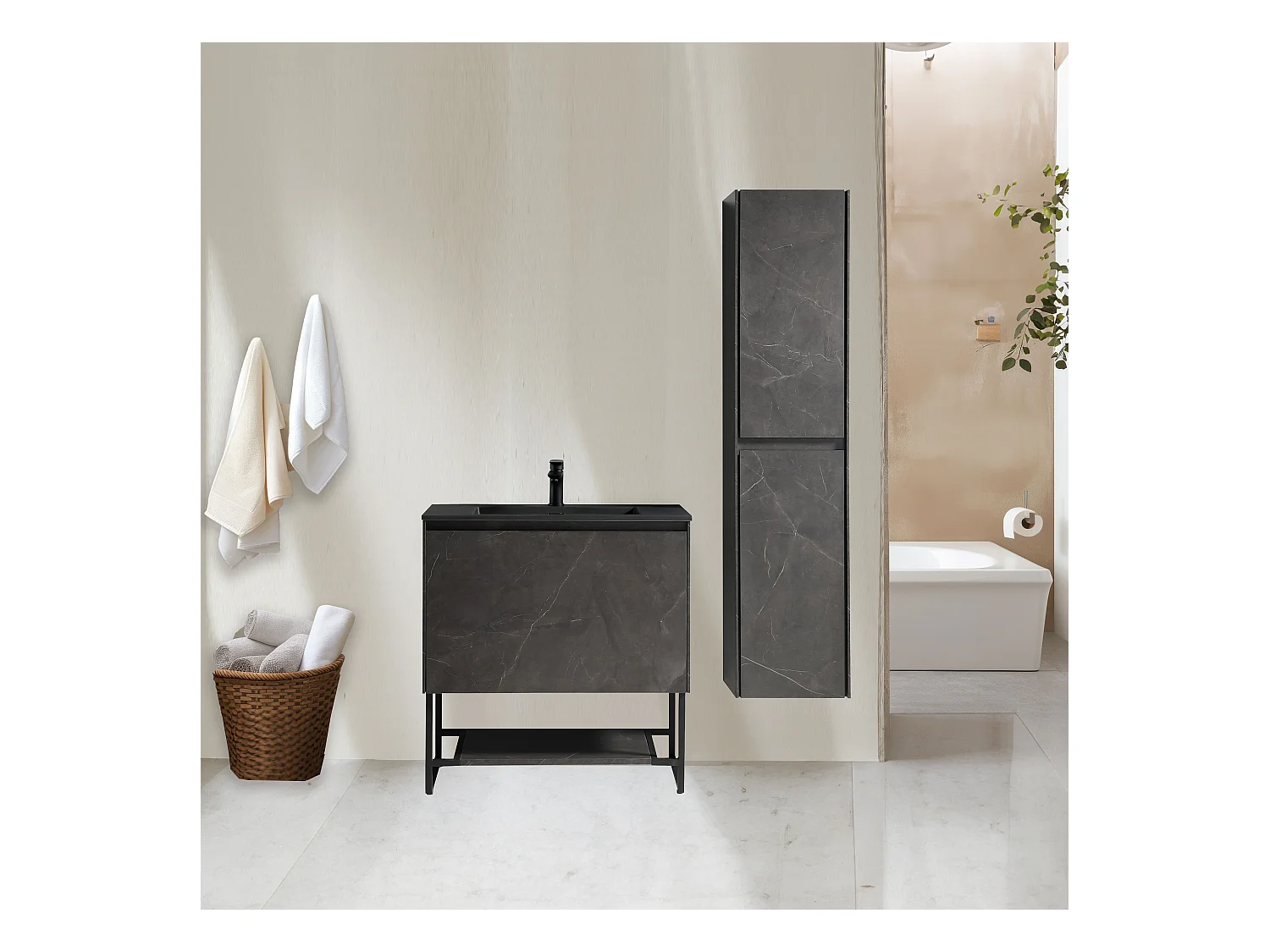 Ensemble meuble salle de bain 90 cm noir effet marbre Aquabella