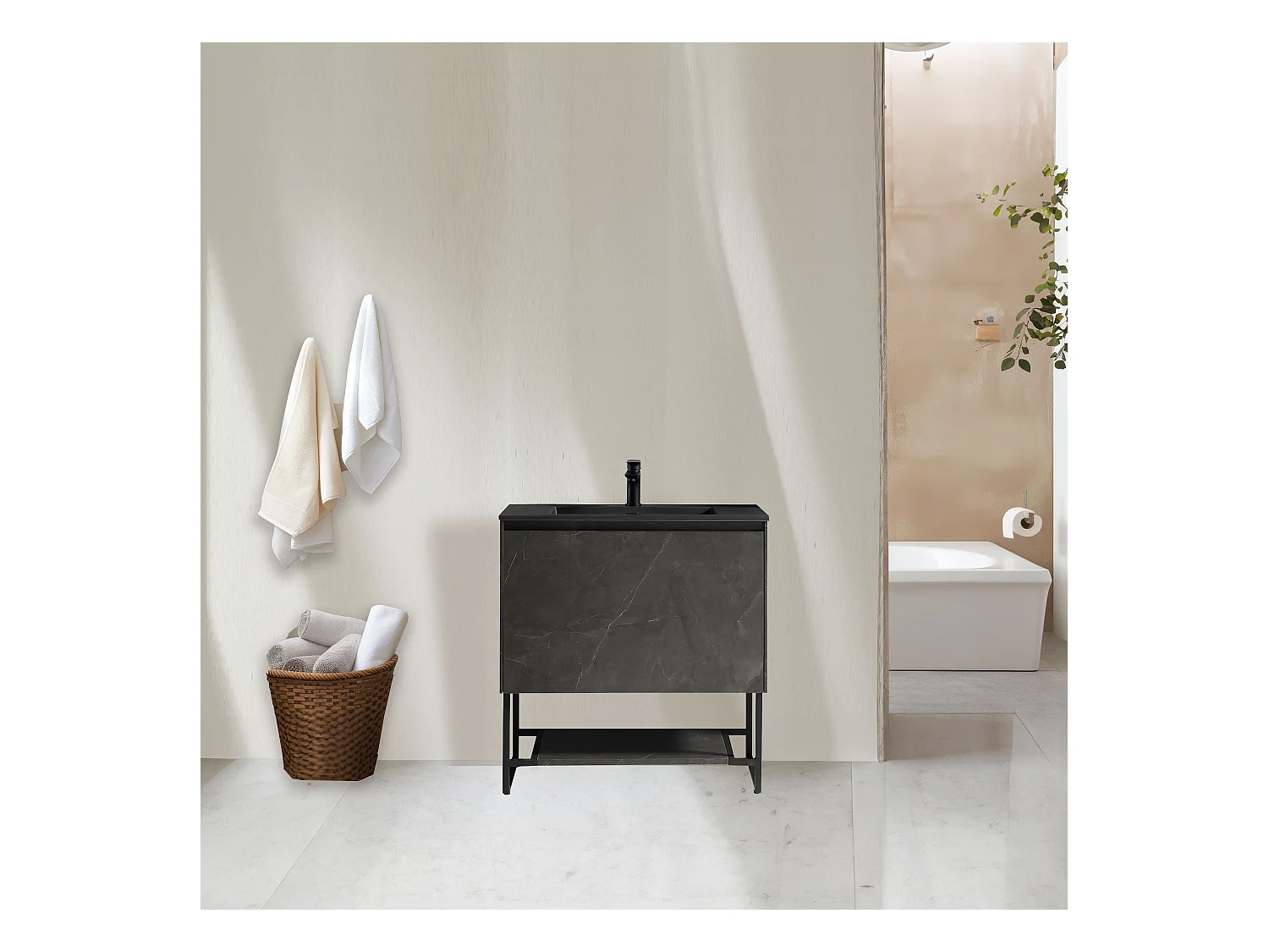 Meuble avec vasque 90 cm noir effet marbre Aquabella