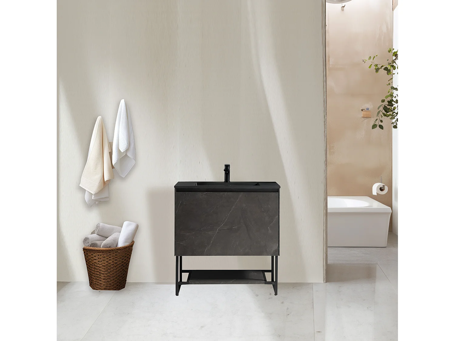 Meuble avec vasque 90 cm noir effet marbre Aquabella