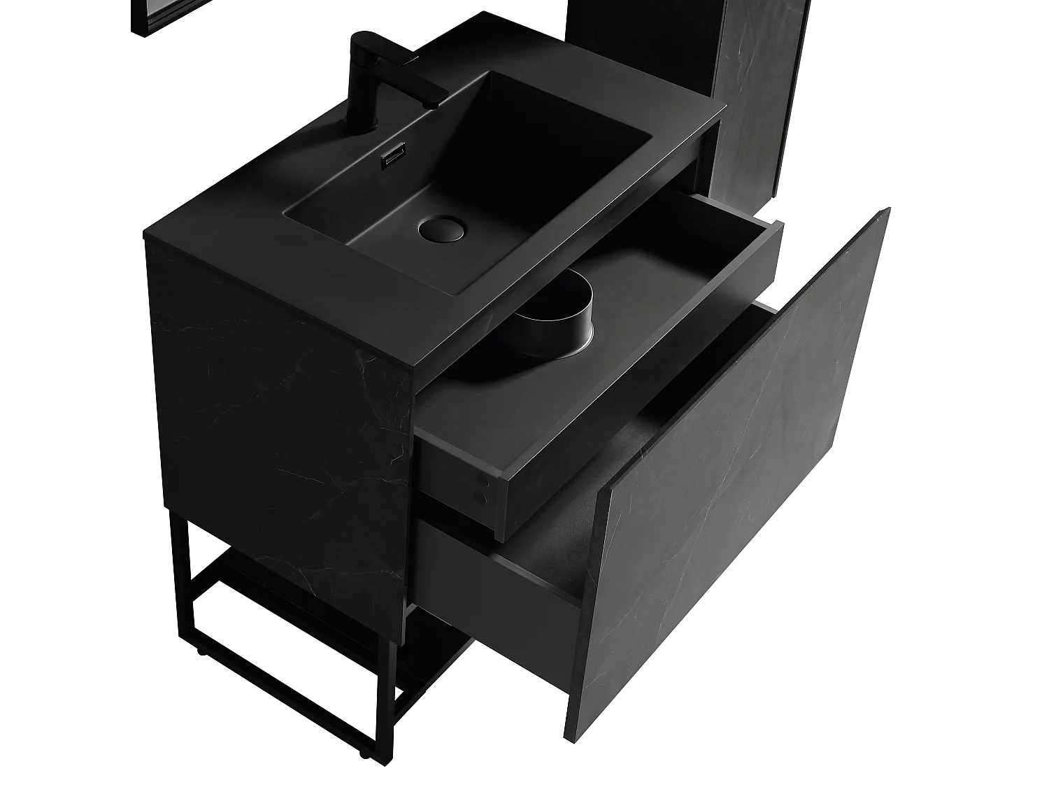 Meuble avec vasque 90 cm noir effet marbre Aquabella