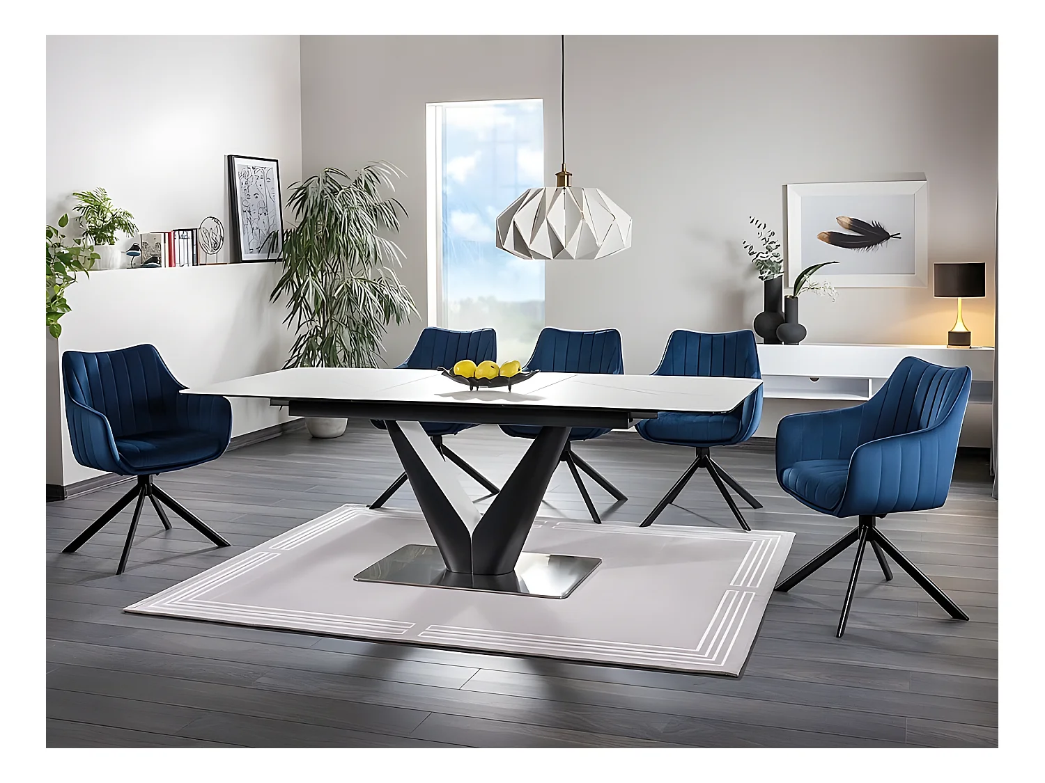 Table à manger extensible 160-220 x 90 x 76 cm - Blanc effet marbre/Noir mat