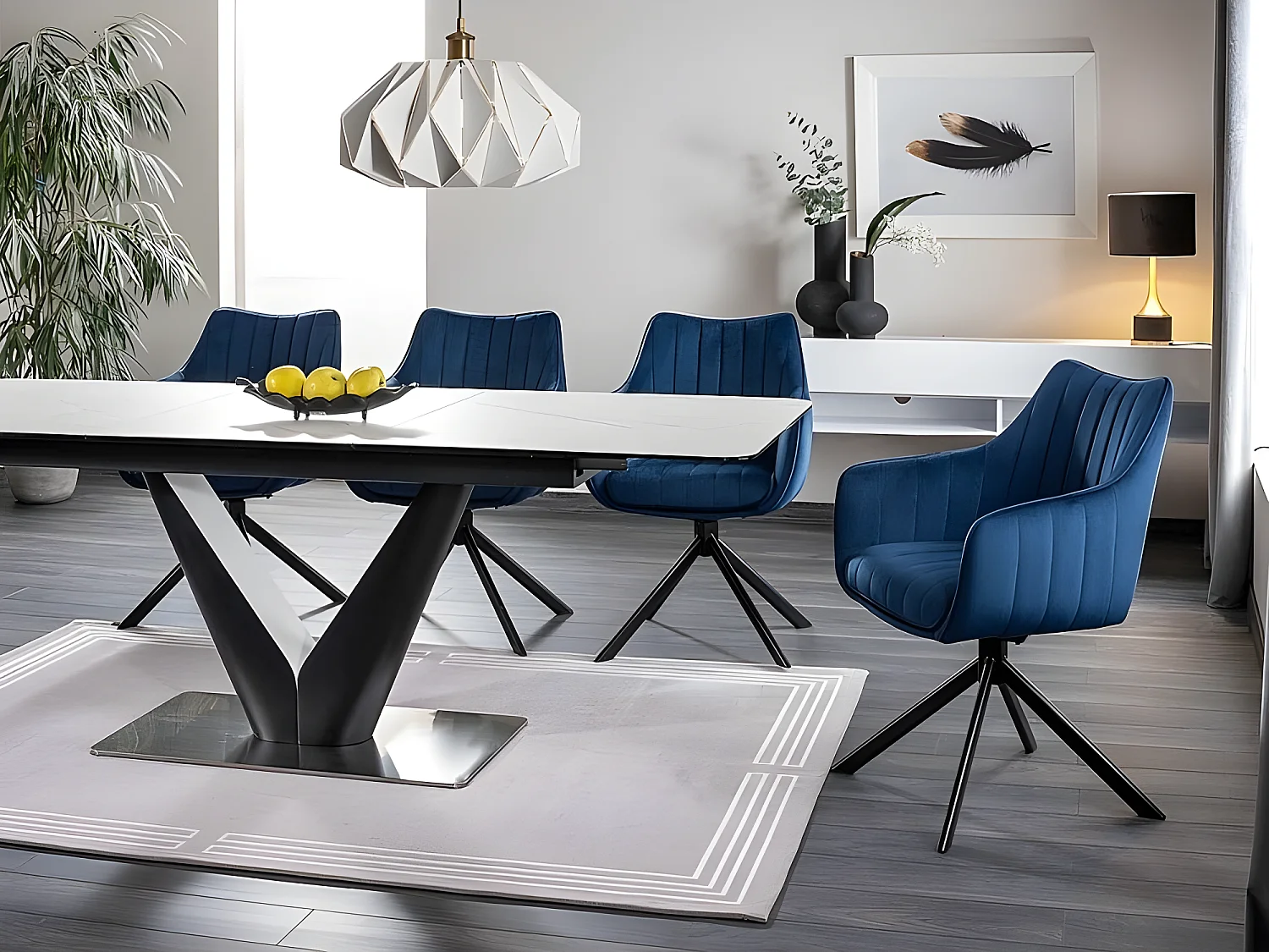 Table à manger extensible 160-220 x 90 x 76 cm - Blanc effet marbre/Noir mat