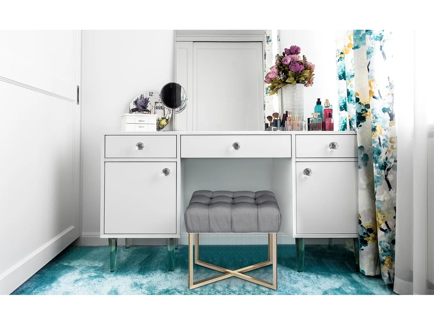 Tabouret Pouf en Tissu "Auvea" 50cm Gris Foncé