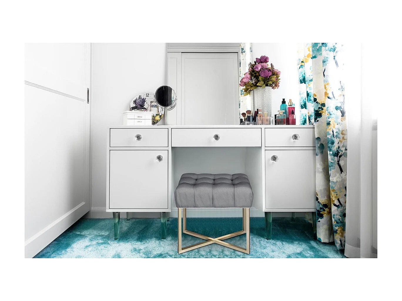 Tabouret pouf rectangle Fauve Tissu Gris Foncé pied Or