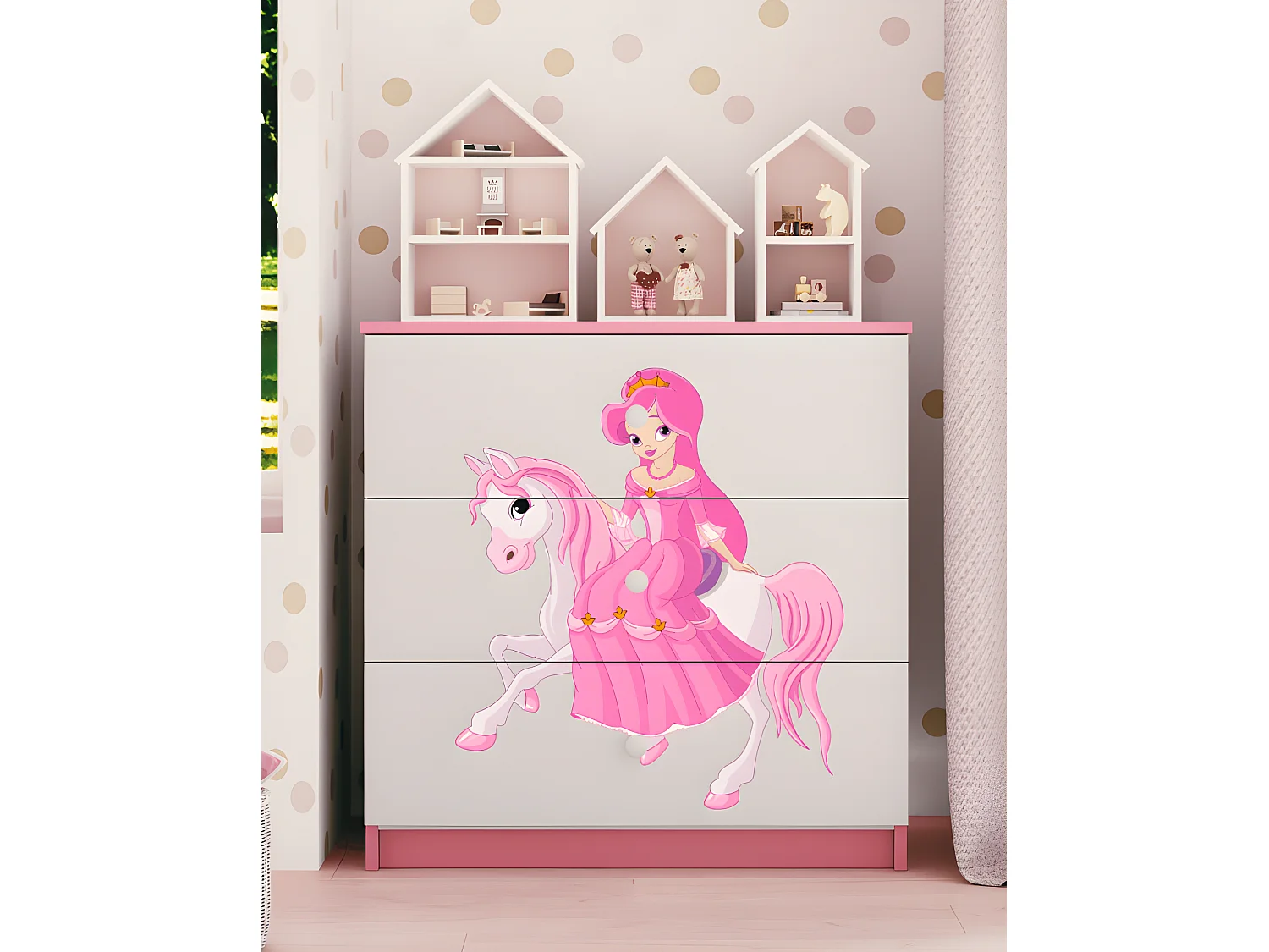 Commode enfant PRINCESSE SUR SON CHEVAL - 3 tiroirs 80 cm x 80 cm x 40 cm - Rose