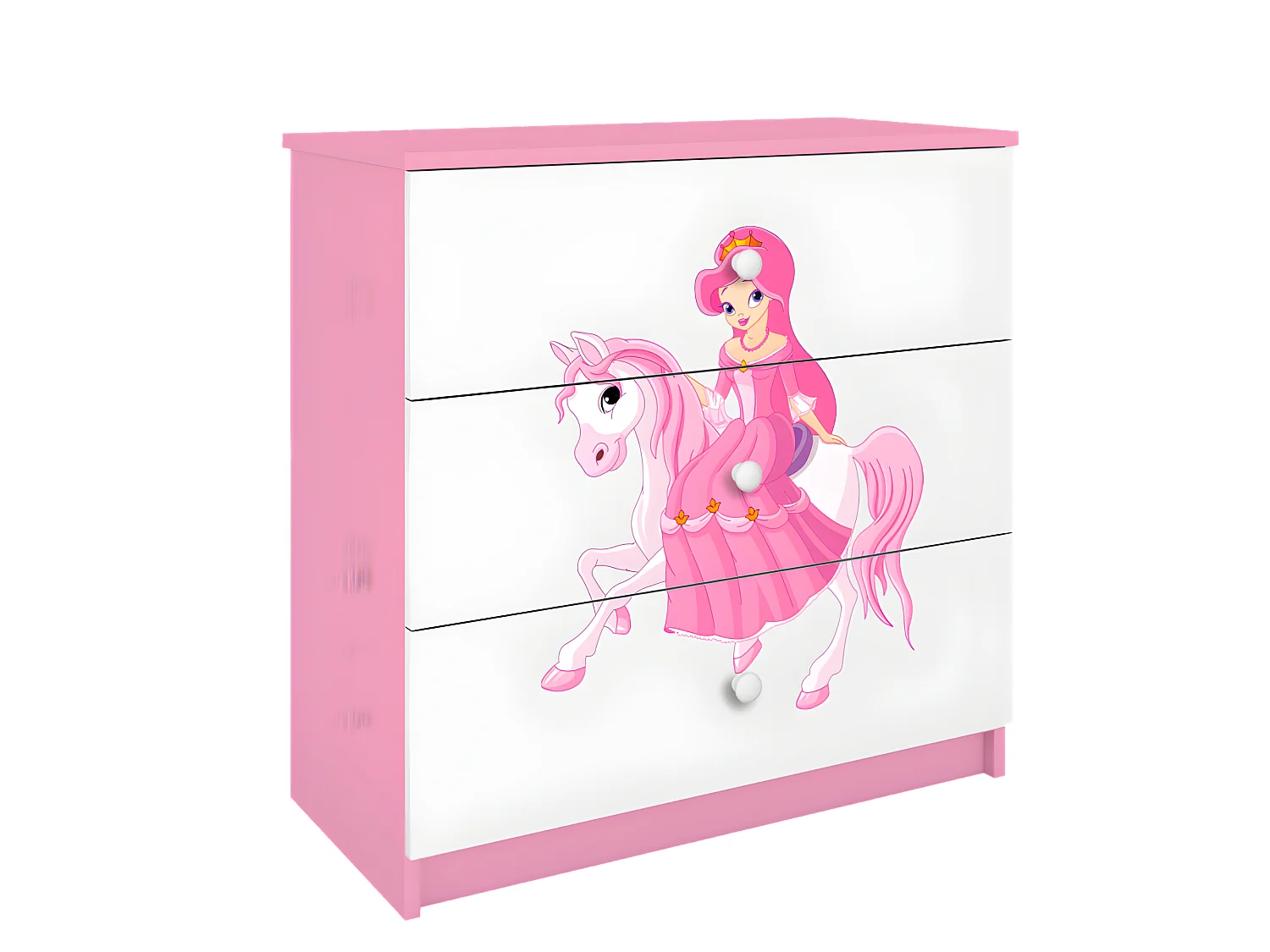 Commode enfant PRINCESSE SUR SON CHEVAL - 3 tiroirs 80 cm x 80 cm x 40 cm - Rose