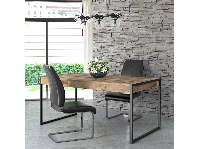 Table 166 cm 2 tiroirs décor bois recyclé et métal noir - APACHE