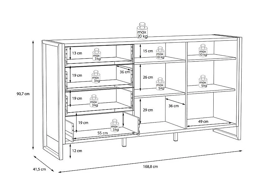 Buffet 169 cm 2 portes 4 tiroirs décor bois recyclé et métal - APACHE