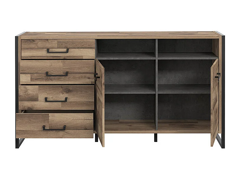 Buffet 169 cm 2 portes 4 tiroirs décor bois recyclé et métal - APACHE