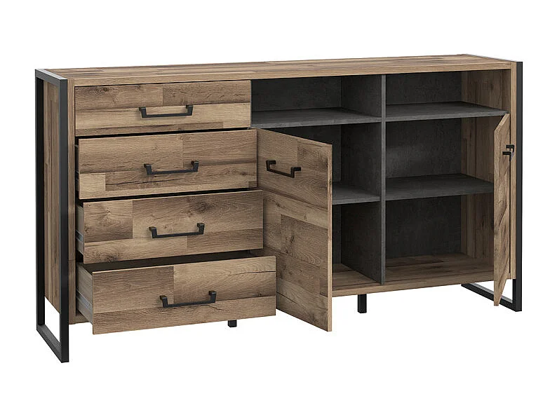 Buffet 169 cm 2 portes 4 tiroirs décor bois recyclé et métal - APACHE