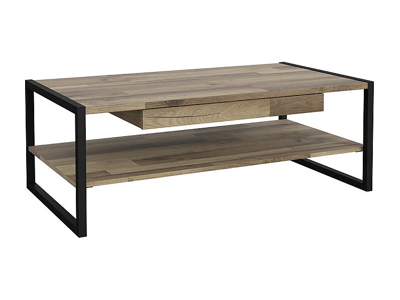 Table basse 110 cm 1 tiroir décor bois recyclé et métal noir - APACHE