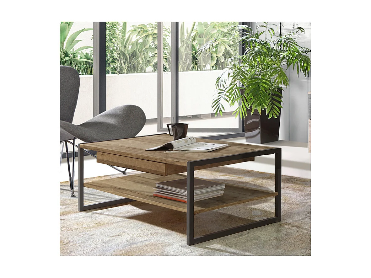 Table basse 110 cm 1 tiroir décor bois recyclé et métal noir - APACHE