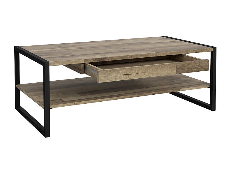 Table basse 110 cm 1 tiroir décor bois recyclé et métal noir - APACHE