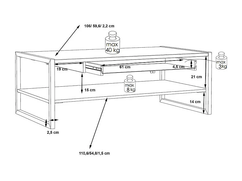 Table basse 110 cm 1 tiroir décor bois recyclé et métal noir - APACHE