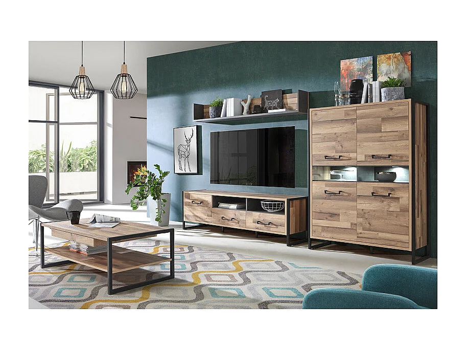 Table basse 110 cm 1 tiroir décor bois recyclé et métal noir - APACHE