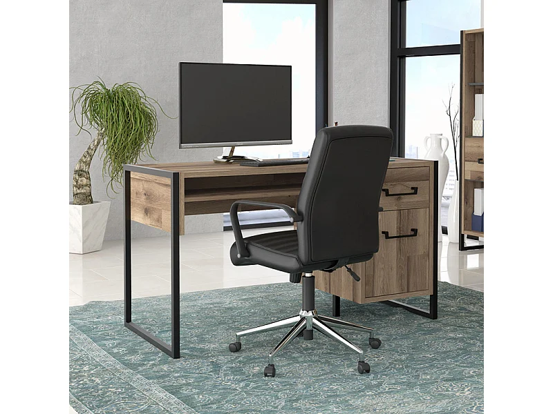 Bureau droit 1 porte 1 tiroir décor bois recyclé métal noir - APACHE