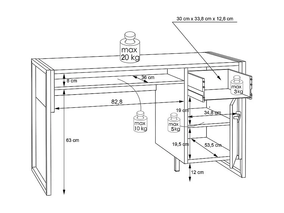 Bureau droit 1 porte 1 tiroir décor bois recyclé métal noir - APACHE