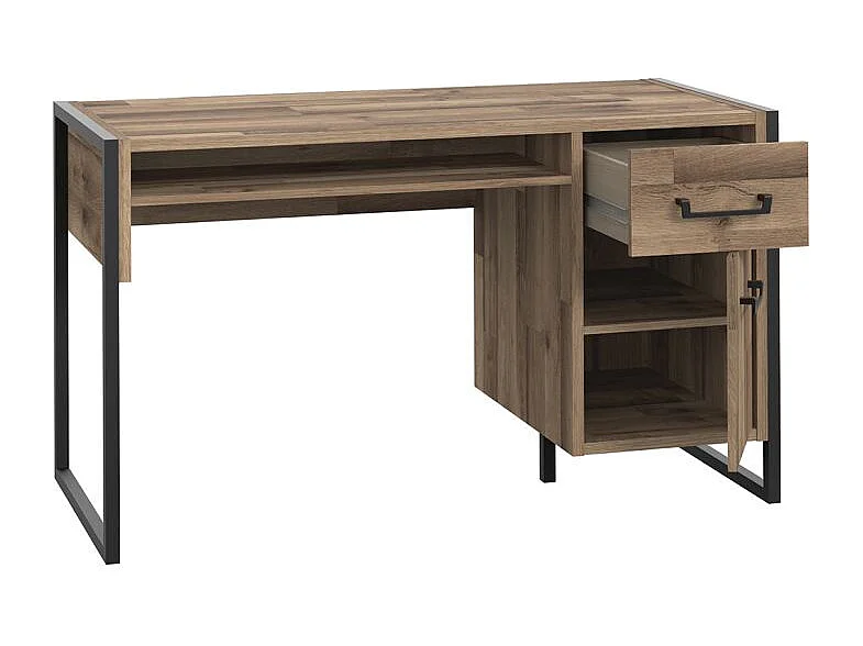 Bureau droit 1 porte 1 tiroir décor bois recyclé métal noir - APACHE