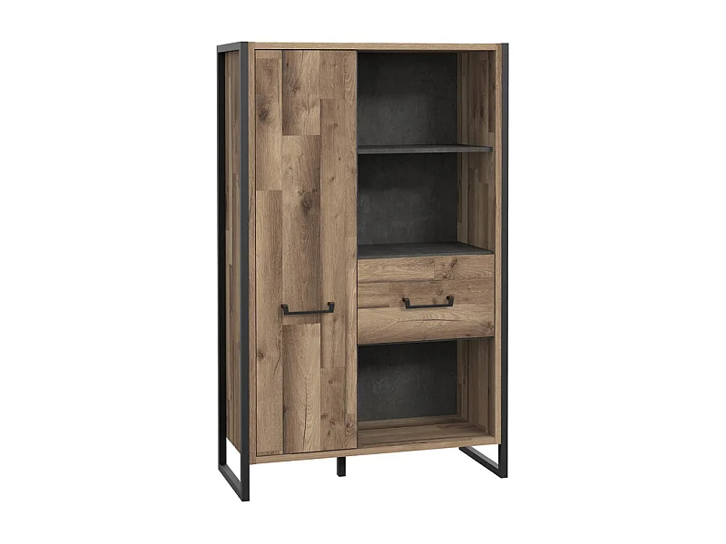 Bibliothèque 2 portes 3 niches décor bois recyclé métal noir - APACHE