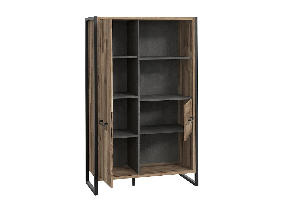 Bibliothèque 2 portes 3 niches décor bois recyclé métal noir - APACHE