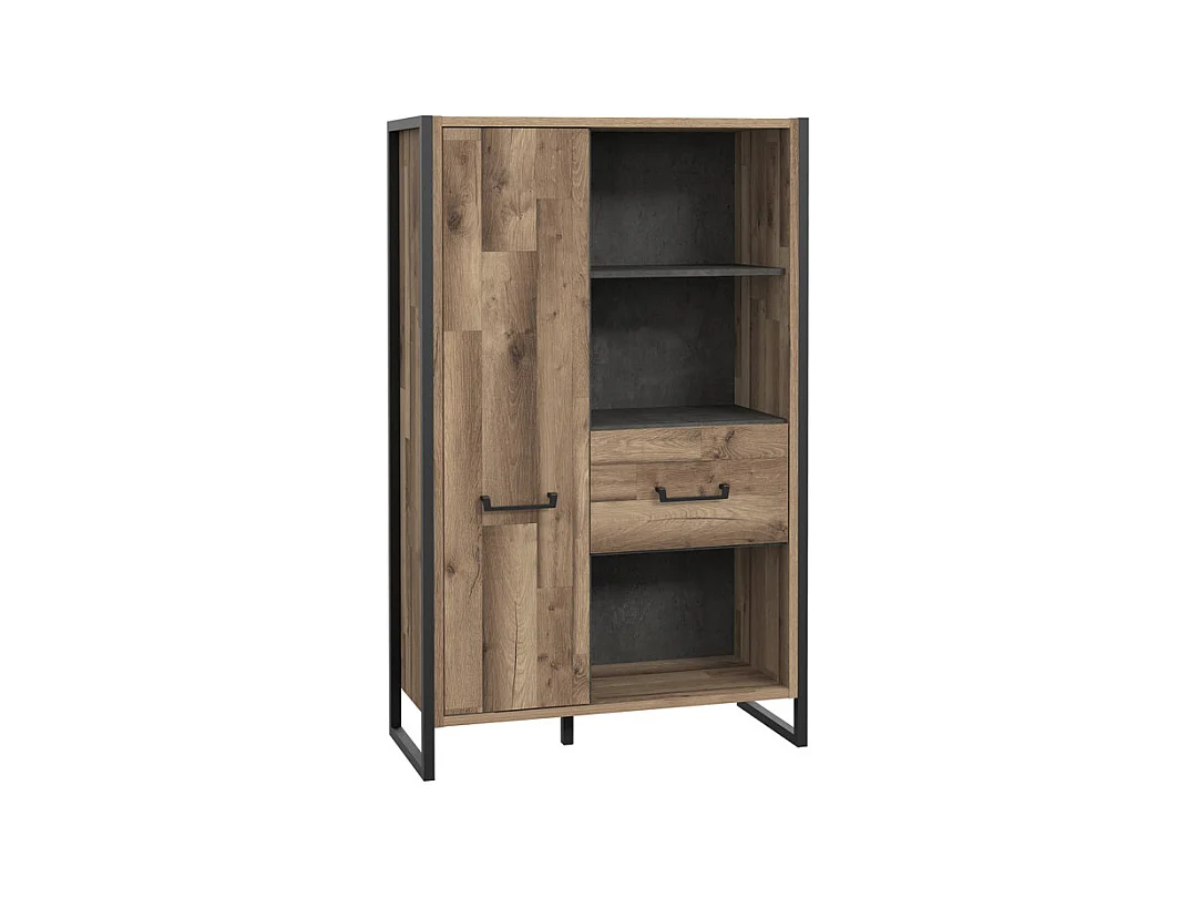 Bibliothèque 2 portes 3 niches décor bois recyclé métal noir - APACHE