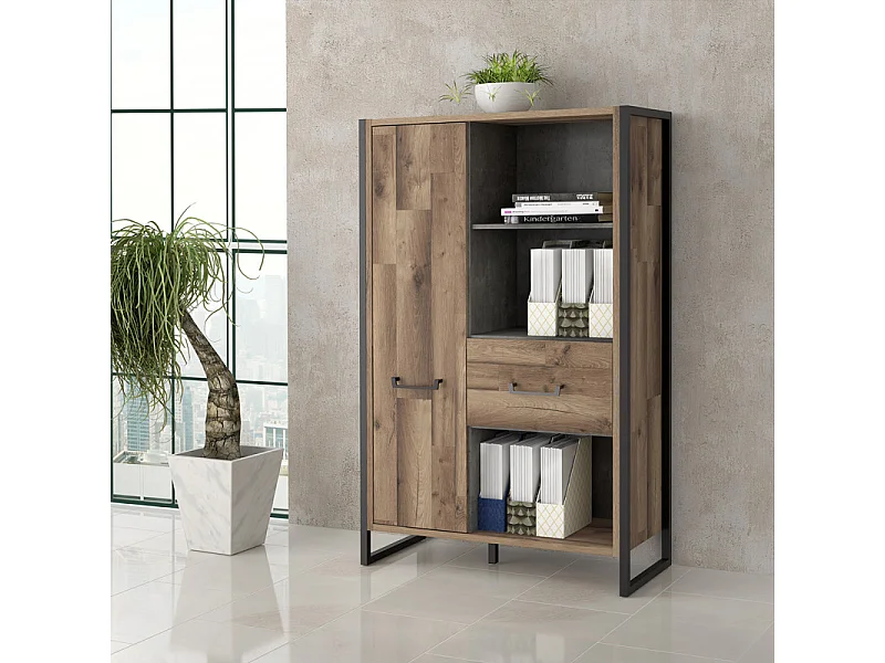 Bibliothèque 2 portes 3 niches décor bois recyclé métal noir - APACHE