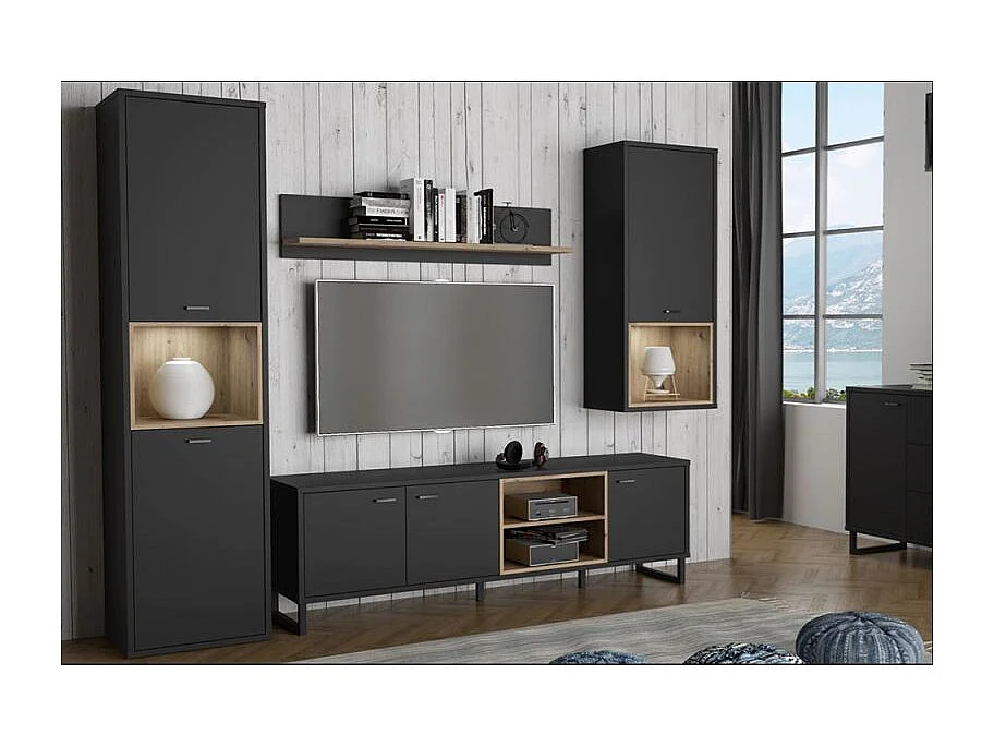 Étagère murale L120 cm revêtement décor noir et chêne clair - BAILEY