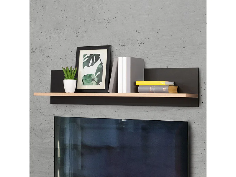 Étagère murale L120 cm revêtement décor noir et chêne clair - BAILEY