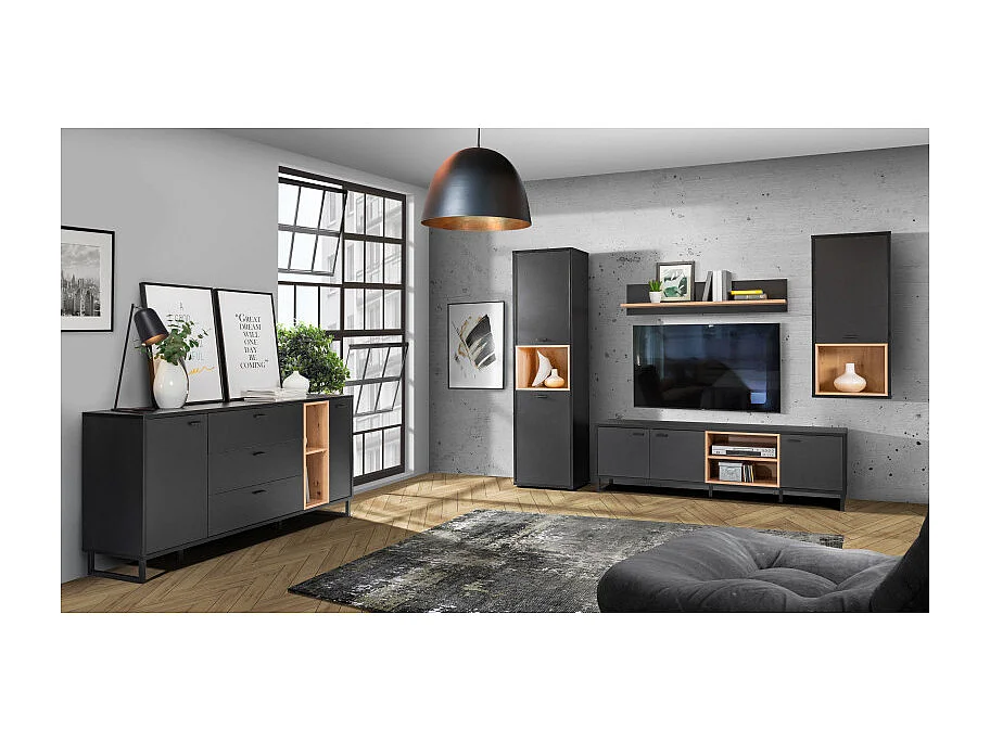 Étagère murale L120 cm revêtement décor noir et chêne clair - BAILEY