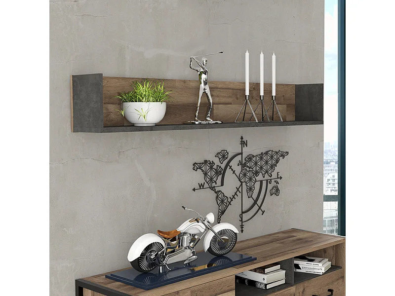 Etagère murale 170 cm décor bois recyclé et béton gris - APACHE