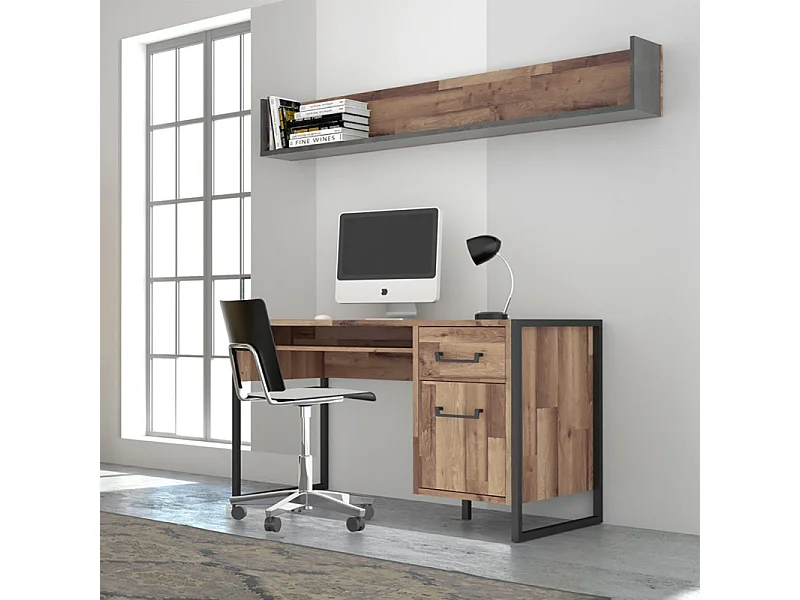 Etagère murale 170 cm décor bois recyclé et béton gris - APACHE