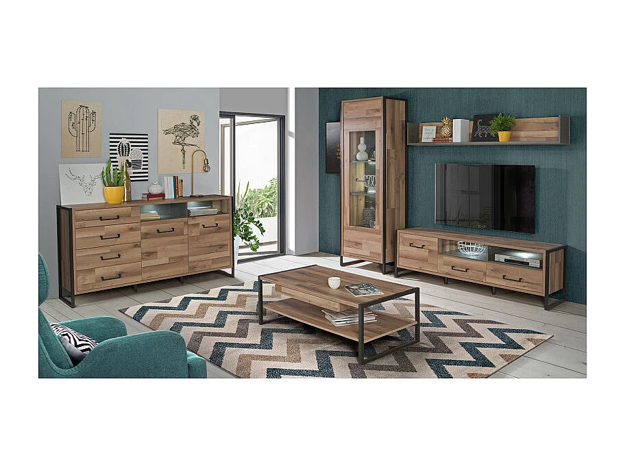 Etagère murale 170 cm décor bois recyclé et béton gris - APACHE