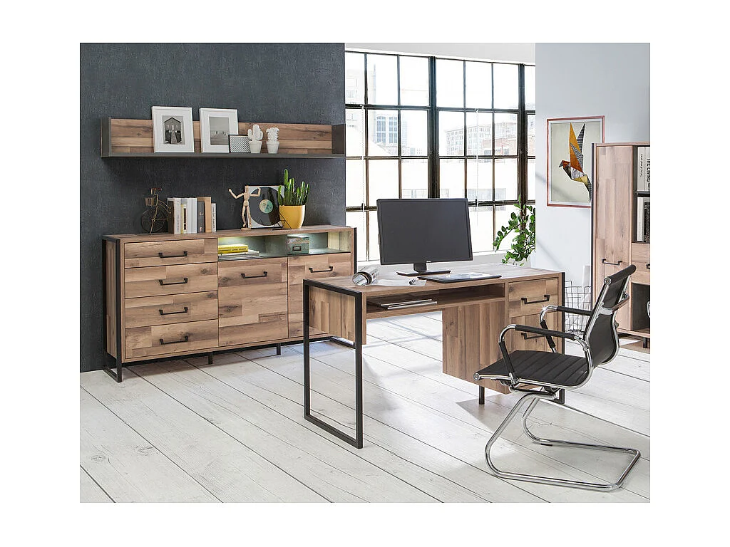 Etagère murale 170 cm décor bois recyclé et béton gris - APACHE