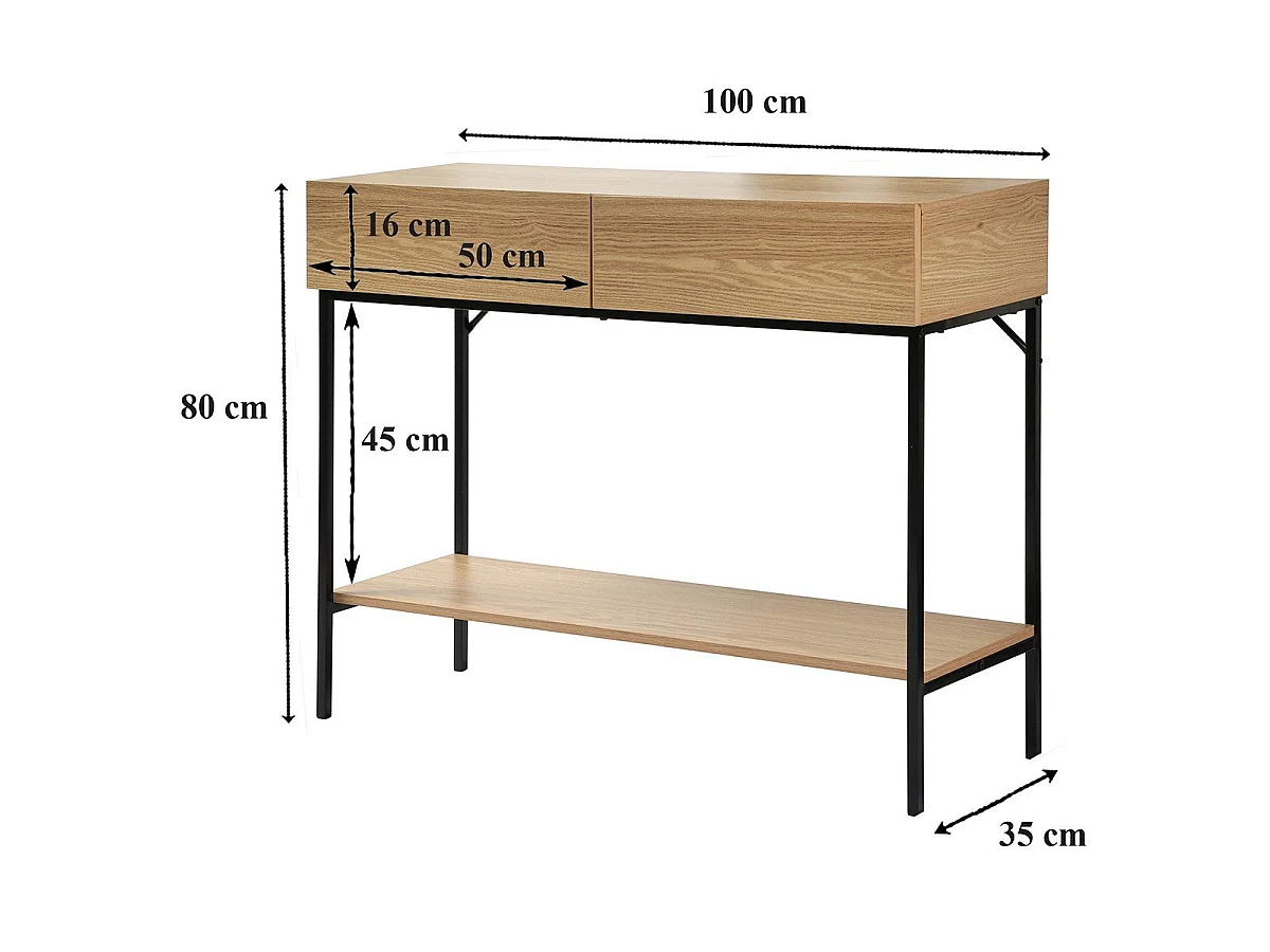 Konsole mit 2 Schubladen und 1 Regalboden in Eichenoptik L100cm - TESSA