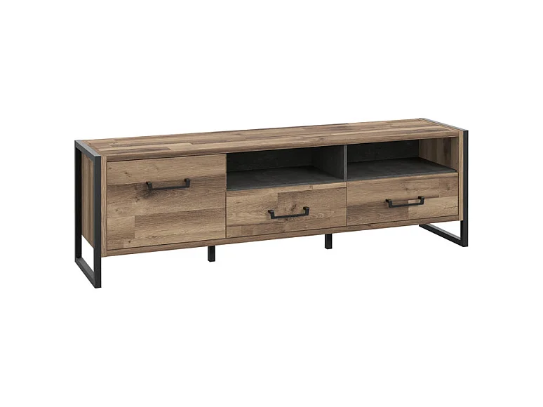 Meuble TV 1 porte 2 tiroirs décor bois recyclé et métal noir - APACHE