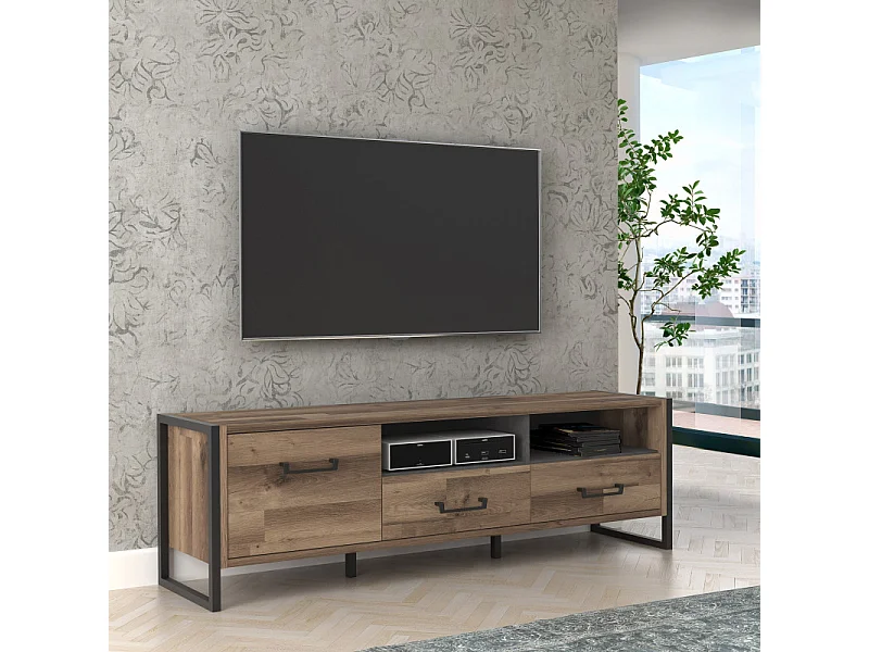 Meuble TV 1 porte 2 tiroirs décor bois recyclé et métal noir - APACHE