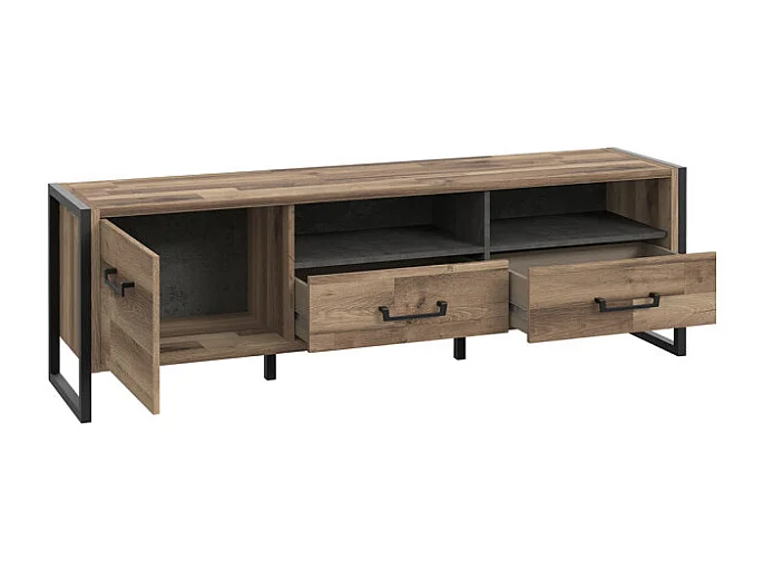 Meuble TV 1 porte 2 tiroirs décor bois recyclé et métal noir - APACHE