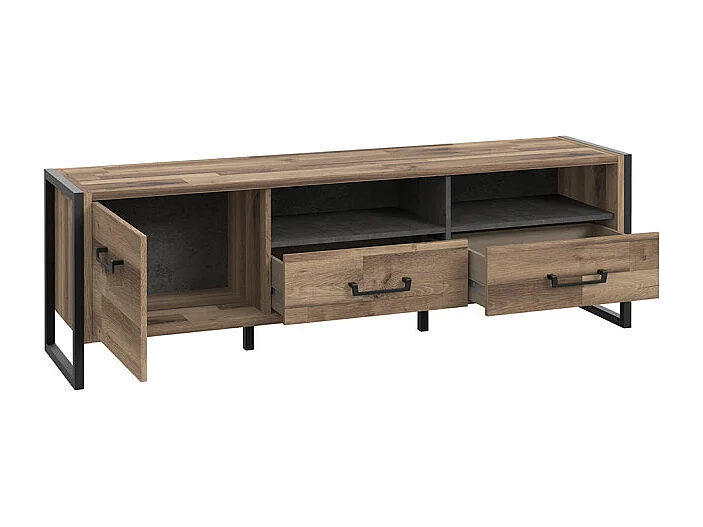 Meuble TV 1 porte 2 tiroirs décor bois recyclé et métal noir - APACHE