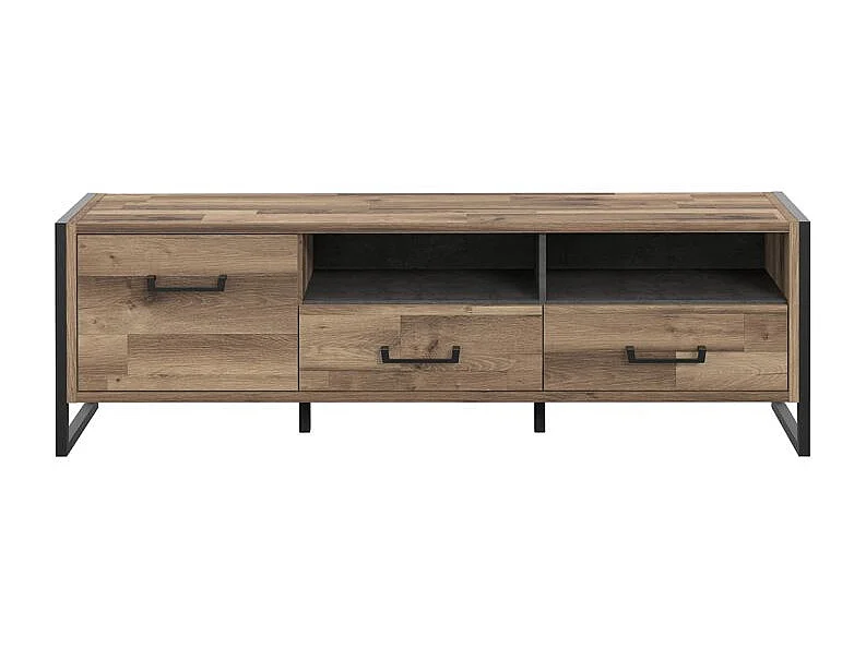 Meuble TV 1 porte 2 tiroirs décor bois recyclé et métal noir - APACHE