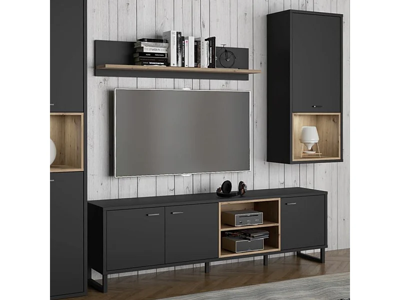 Meuble TV décor noir et chêne clair avec poignées métal noir - BAILEY