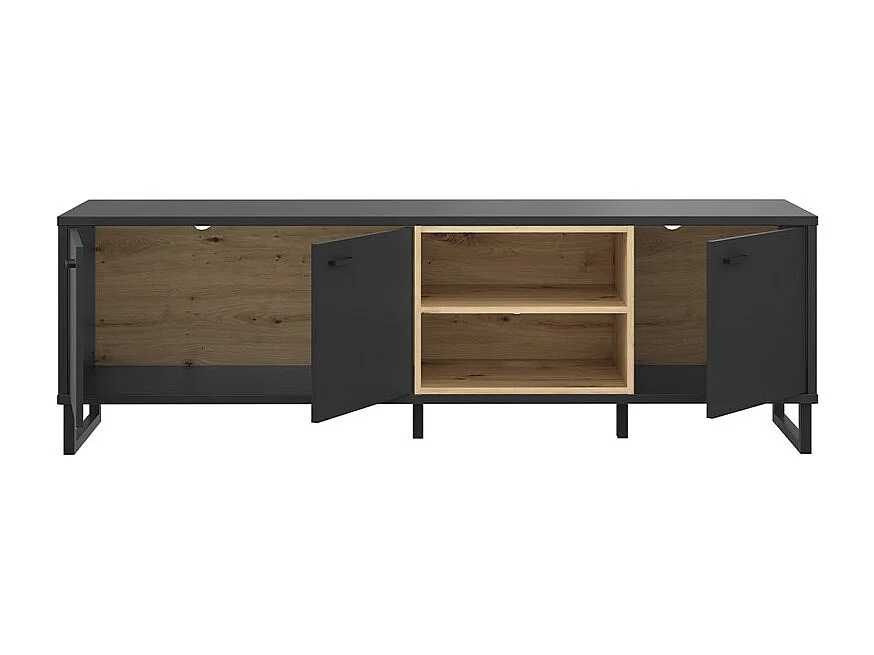 Meuble TV décor noir et chêne clair avec poignées métal noir - BAILEY