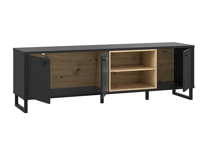 Meuble TV décor noir et chêne clair avec poignées métal noir - BAILEY