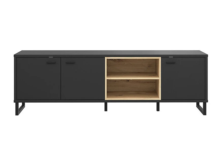 Meuble TV décor noir et chêne clair avec poignées métal noir - BAILEY