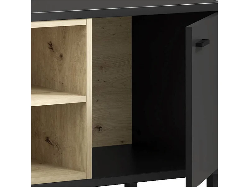 Meuble TV décor noir et chêne clair avec poignées métal noir - BAILEY