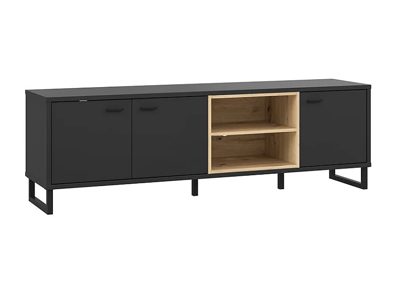 Meuble TV décor noir et chêne clair avec poignées métal noir - BAILEY