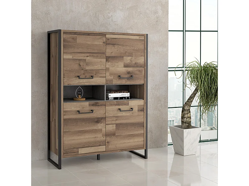 Vaisselier 4 portes 2 niches décor bois recyclé métal noir - APACHE