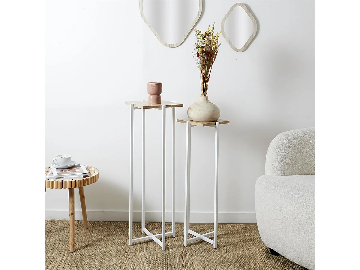 MOX - Duo de Sellettes Gigognes Industrielles Aspect Bois et Métal Blanc