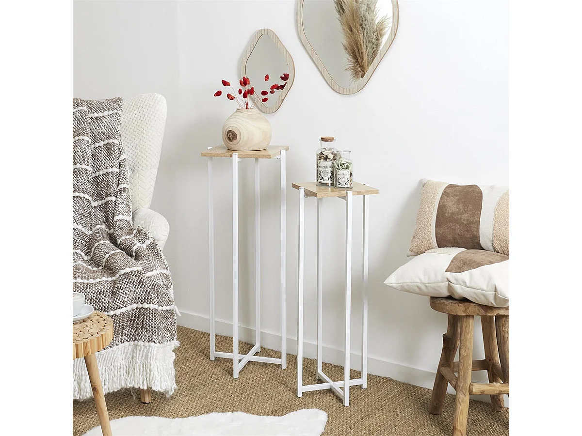 MOX - Duo de Sellettes Gigognes Industrielles Aspect Bois et Métal Blanc